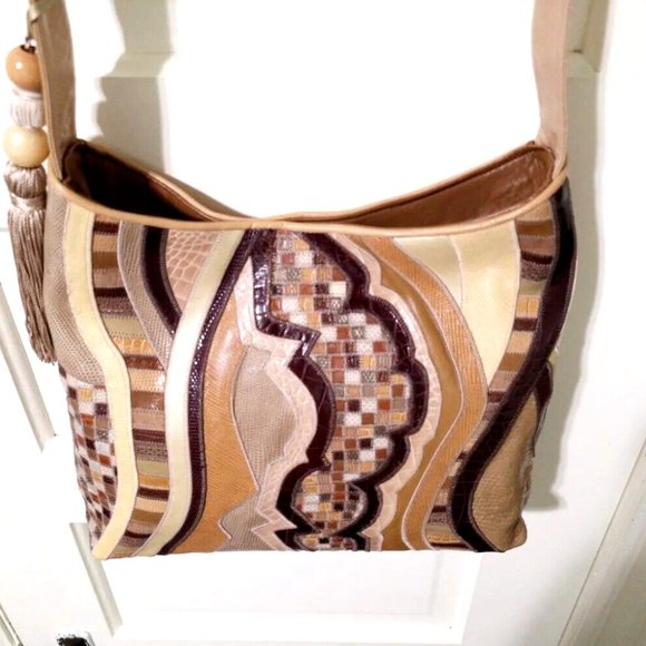 NEW Sharif BOHO WESTERN Beige Brown Patchwork 100% Croc Leather Shoulder Bag - Picture 7 of 14